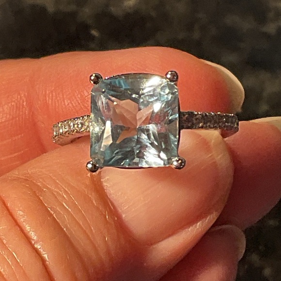 Aquamarine Huge Cushion Cut Silver Ring - Picture 2 of 6